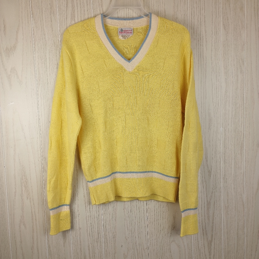 Vintage Yellow V-Neck Sweater with Contrast Trim London Fog XL knitted